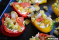 Blistered Mini Peppers with Creamy Cheese and Smoky Corn Salsa