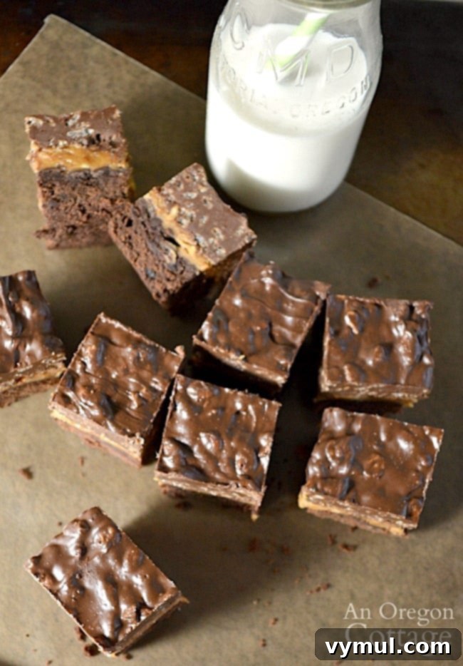 Stacked Peanut Butter Crunch Brownies 5 crunchy layered peanut butter brownies above