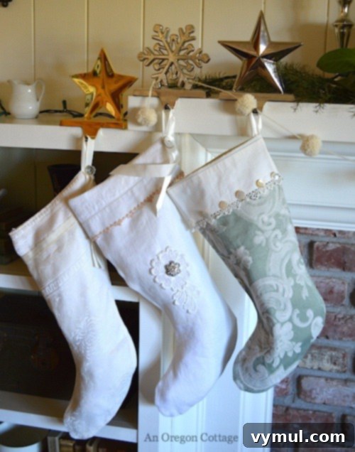 Emerald and Ivory Christmas Decor 4 Vintage Linen Christmas Stockings - An Oregon Cottage - Handmade Holiday Decor