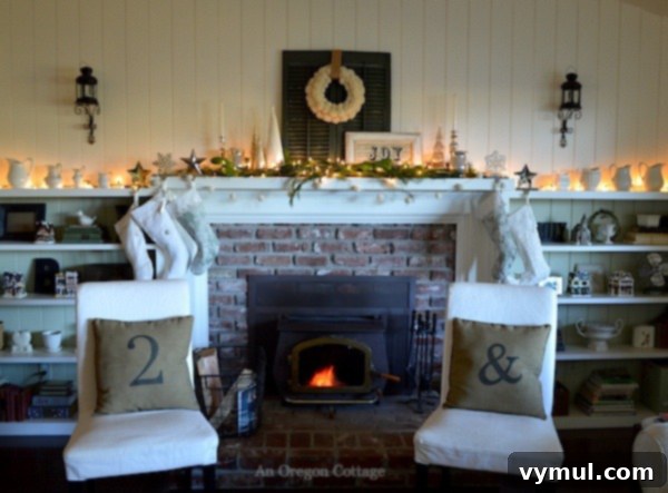 Emerald and Ivory Christmas Decor 10 Lit Green-White Christmas Mantel - An Oregon Cottage - Cozy Evening Mantel
