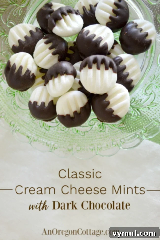 Classic cream cheese mints elegantly coated in dark chocolate, arranged for a festive presentation. Perfect for Christmas, weddings, baby showers, or graduation gifts and homemade treats.