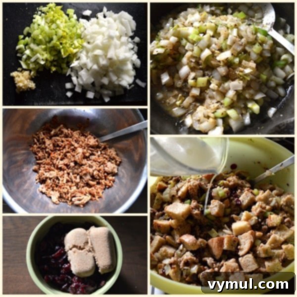 Assorted ingredients for Sweet and Savory Sausage-Cranberry Dressing, including fresh herbs, cranberries, and sausage.