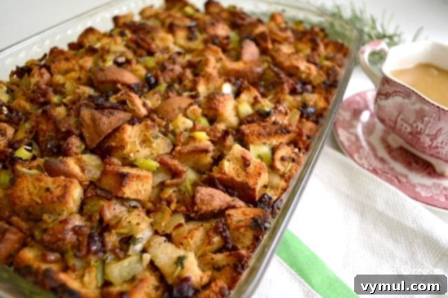 Detailed shot of the Savory & Sweet Sausage Cranberry Stuffing Dressing ingredients mixed before baking.