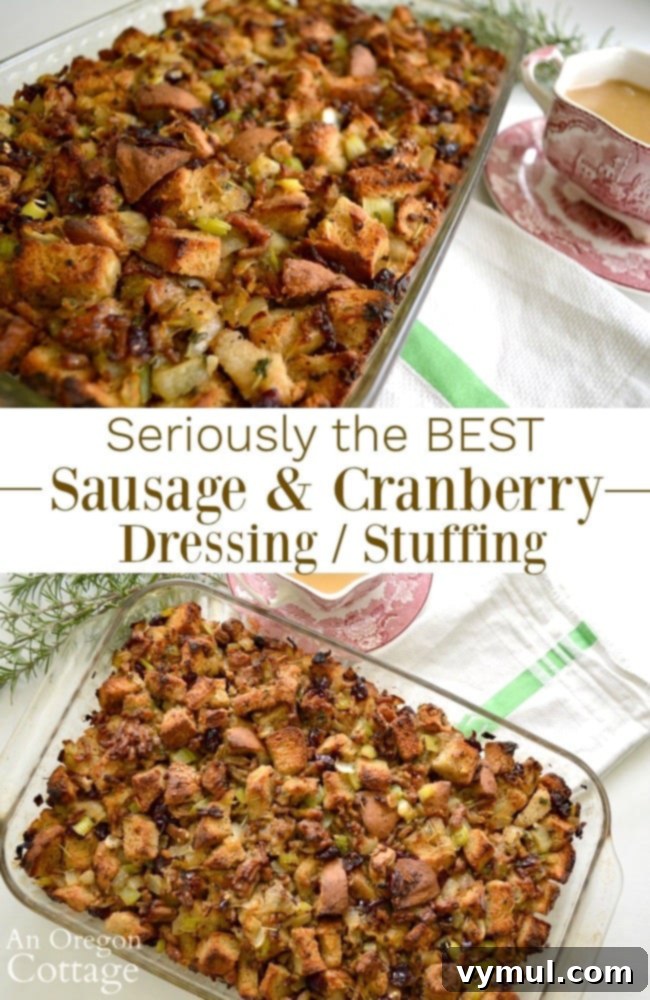 The Best Savory & Sweet Sausage Cranberry Stuffing Dressing served in a festive holiday setting.