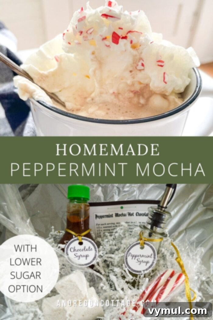 Effortless Peppermint Mochas: Giftable & Healthier Homemade Delights 9 A beautifully arranged gift basket featuring homemade peppermint mocha syrups, ready to be given as a festive holiday present.