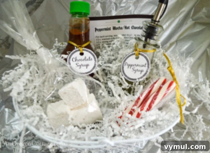 Effortless Peppermint Mochas: Giftable & Healthier Homemade Delights 3 A rustic gift basket filled with homemade chocolate and peppermint syrups, peppermint stir sticks, and festive garnishes, ready to be gifted.