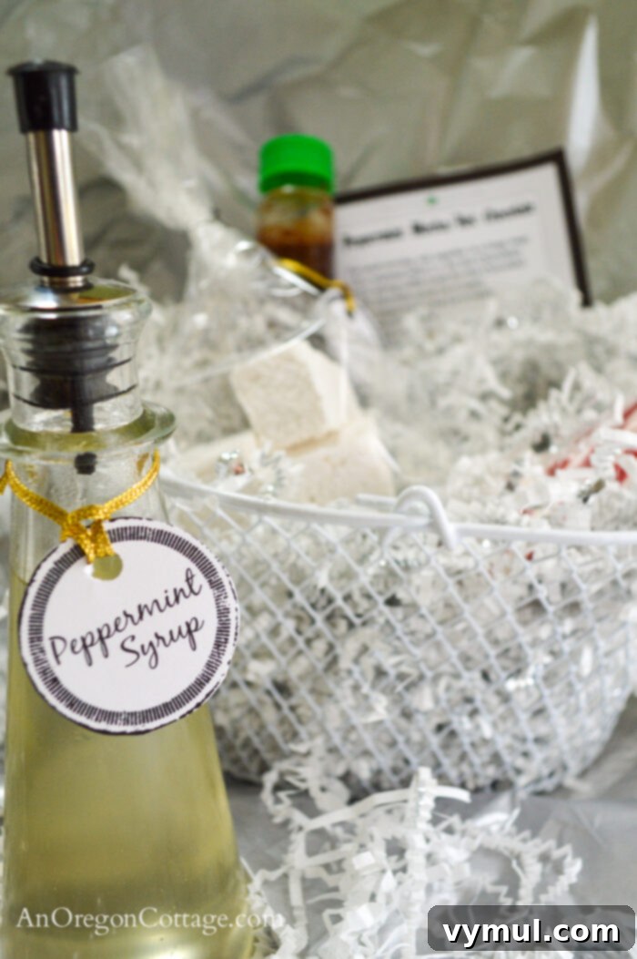 Effortless Peppermint Mochas: Giftable & Healthier Homemade Delights 6 Two glass bottles, one filled with dark chocolate syrup and the other with clear peppermint syrup, with decorative tags, ready for a gift basket.
