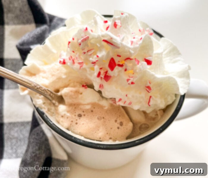 Effortless Peppermint Mochas: Giftable & Healthier Homemade Delights 7 A close-up of a spoon dipping into a rich, dark liquid, possibly chocolate syrup or a mocha mix, highlighting the indulgent texture.