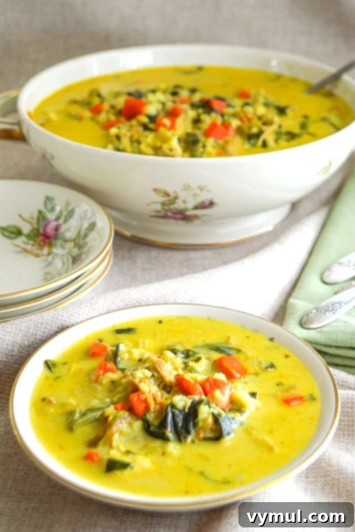 bowls of curried turkey rice soup