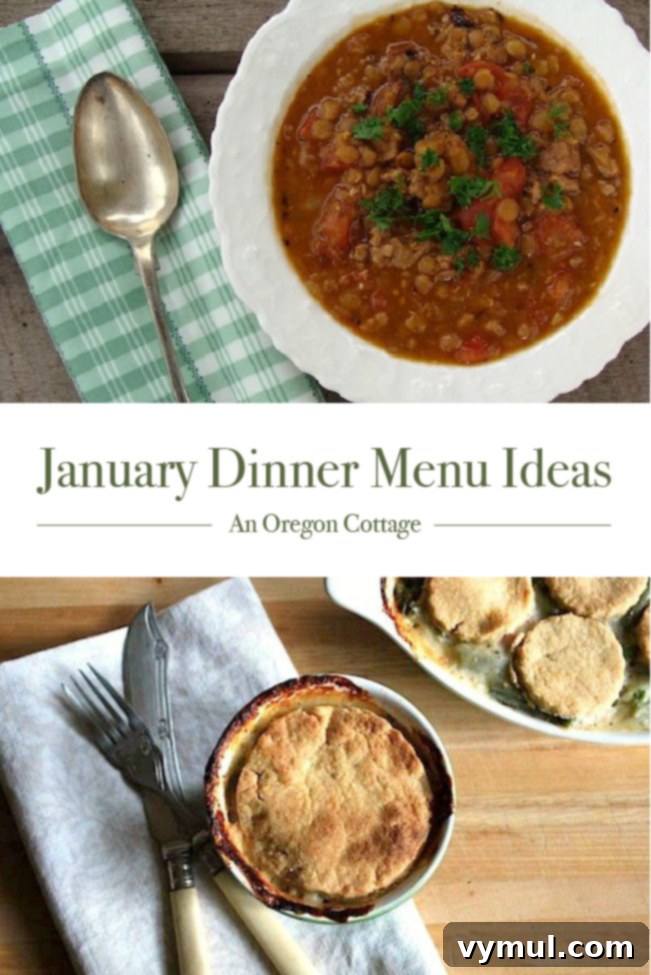 January Dinner Inspiration 4 A visually appealing pin showcasing January Dinner Menu Ideas with a selection of warm, healthy dishes, ideal for Pinterest sharing.