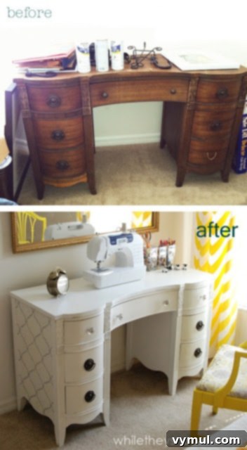 21 Genius Thrift Store Makeovers 16 Painted and Stenciled Thrifted Desk - While They Snooze
