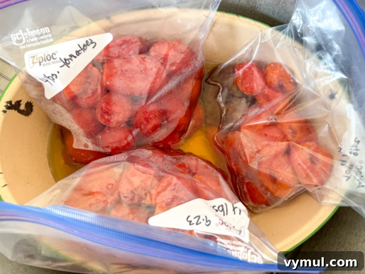 Simple Homemade Pizza Sauce for Canning Fresh or Frozen Tomatoes 4 thawing bags of frozen tomatoes in enamel bowl