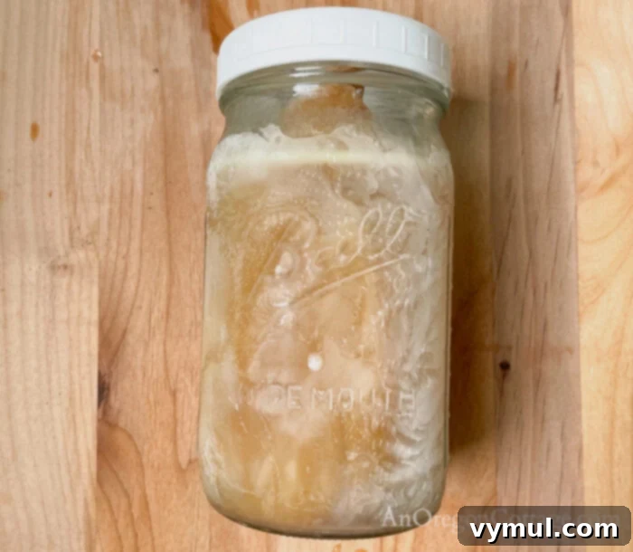 Effortless Creamy Turkey and Chicken Rice Soup 5 frozen bone broth in a glass jar, ready for soup