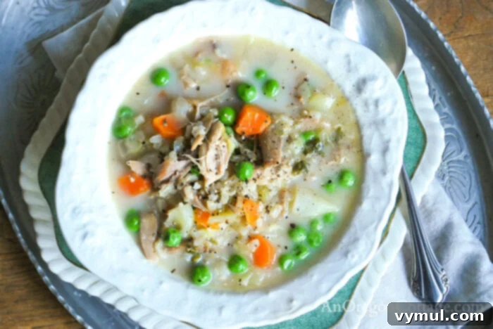 Effortless Creamy Turkey and Chicken Rice Soup 6 close-up of creamy turkey rice soup in white bowl with steam rising