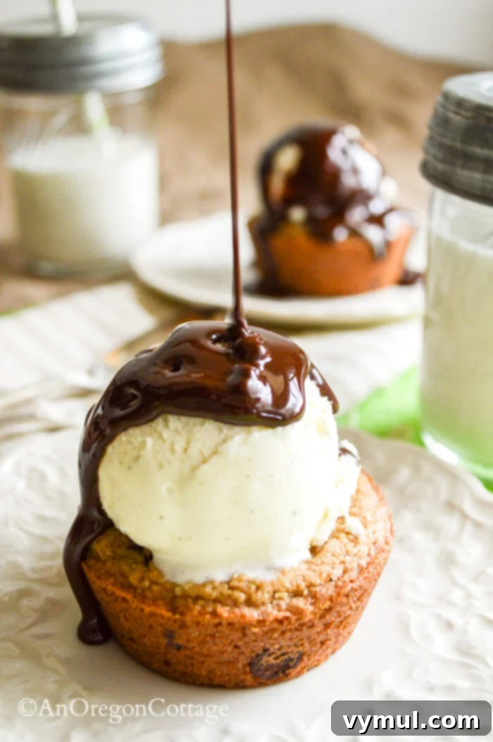 Chocolate Chip Cookie Cups: Edible Bowls for Every Treat 6 pouring chocolate sauce on cookie cup
