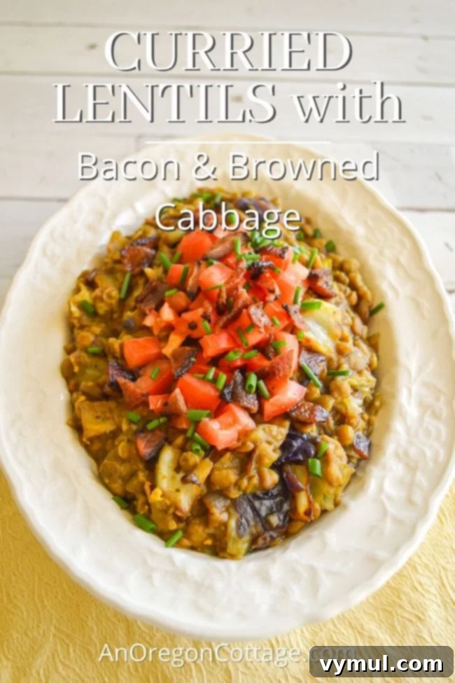 Bacon Lentil Curry with Golden Cabbage 2 A vibrant bowl of curried lentils with bacon and browned cabbage, garnished with fresh tomatoes, ready to be served as a healthy, nourishing dinner. Perfect for a weeknight meal or comforting leftovers.