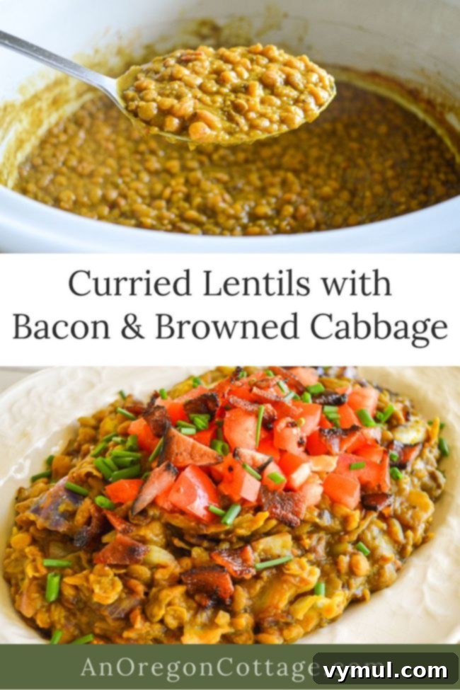 Bacon Lentil Curry with Golden Cabbage 10 A large serving of curried lentils with browned cabbage, topped with fresh tomatoes and herbs, showcasing a comforting and healthy one-dish meal.
