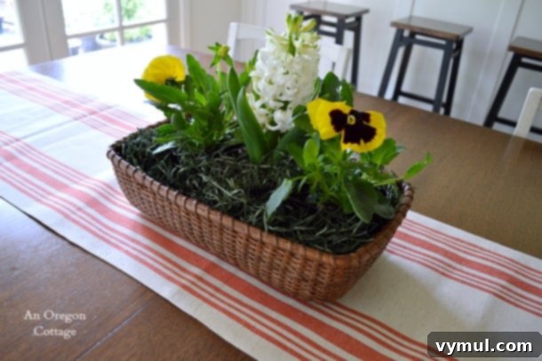 Revamp Your Space for Spring: Decor & A Quick Terrarium 2 Simple Spring Pansy-Hyacinth Basket Centerpiece - Fresh Flowers in a Thrifted Basket for Easy Spring Decor