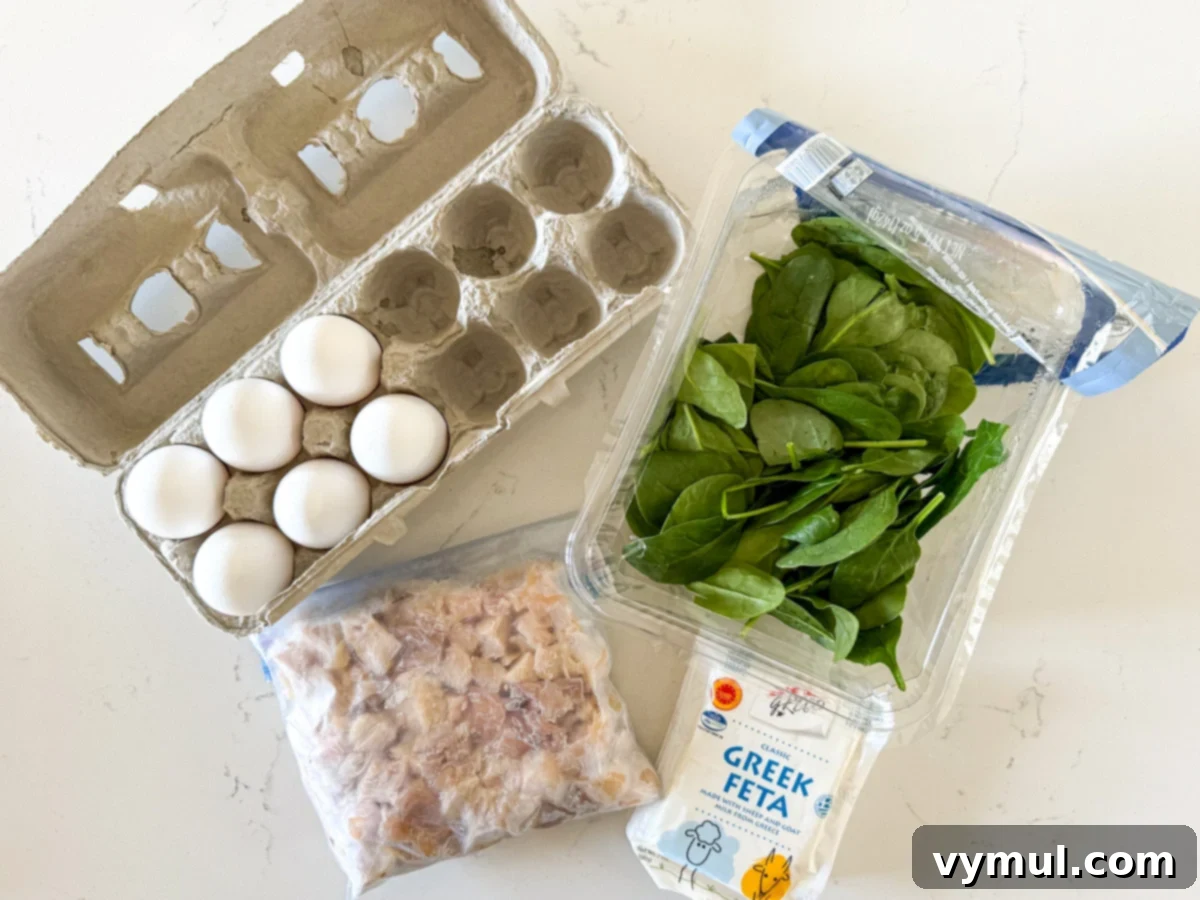 Four main ingredients for chicken and spinach frittata