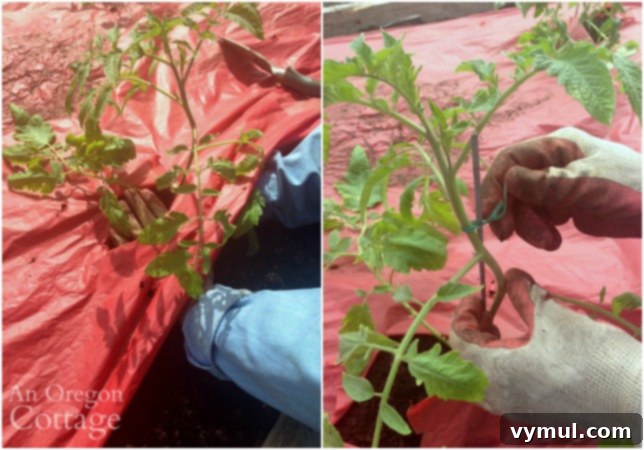 Firming and tying newly planted tomatoes