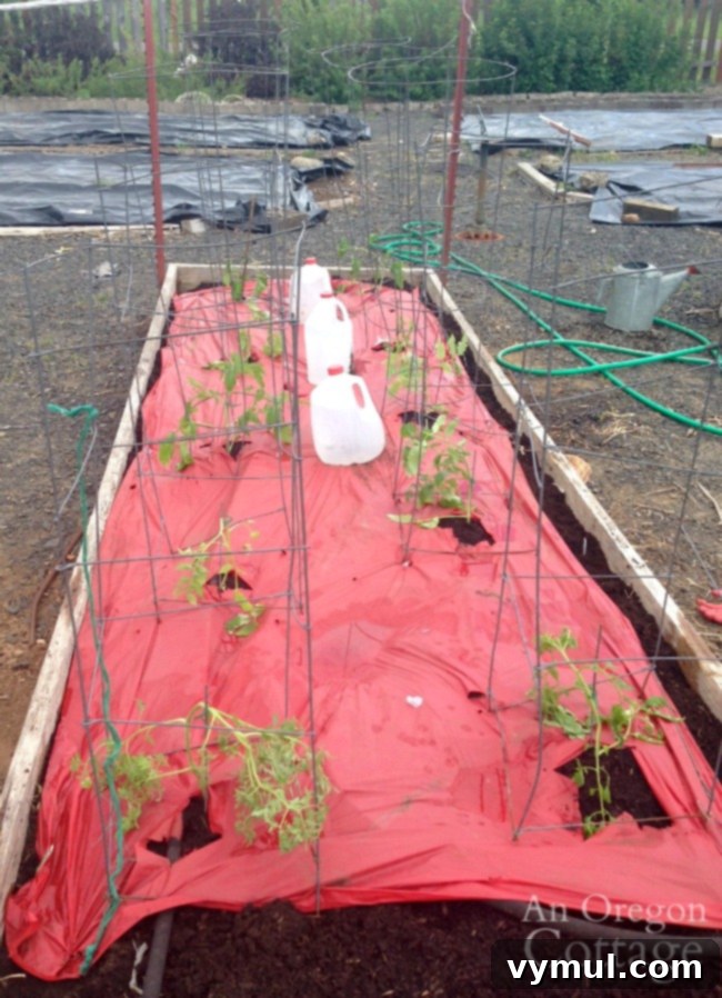 tomatoes planted with cages