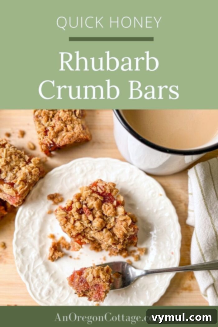 quick honey rhubarb crumb bars pin
