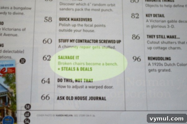 Building a French Bench from Rescued Chairs: Old House Journal Spotlight 3 An Oregon Cottage's OHJ Bench Feature on Contents Page