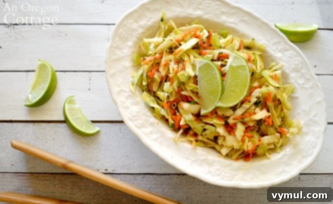 Close-up of a serving of fresh and vibrant Spicy Cumin Lime Slaw, showing the shredded vegetables and colorful dressing.