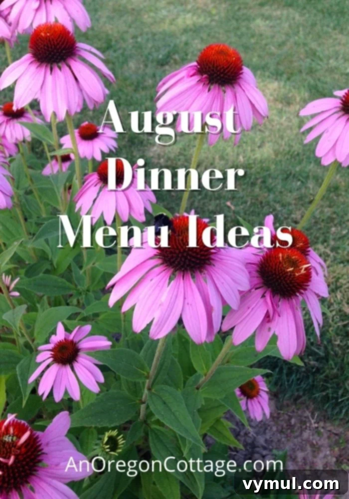 A vibrant collage of August dinner menu ideas featuring grilled vegetables, fresh salads, and summer dishes.