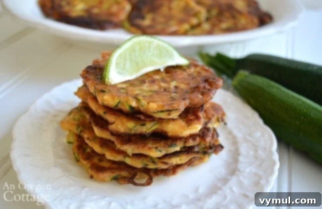 Stack of crispy Zucchini and Feta Fritters, garnished with lime wedges.