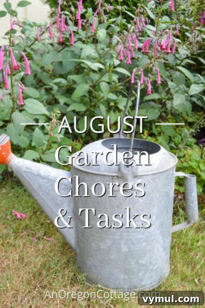 August Garden Checklist for PNW Climates 2 August garden tasks include a watering can amidst lush greenery, symbolizing essential summer care.
