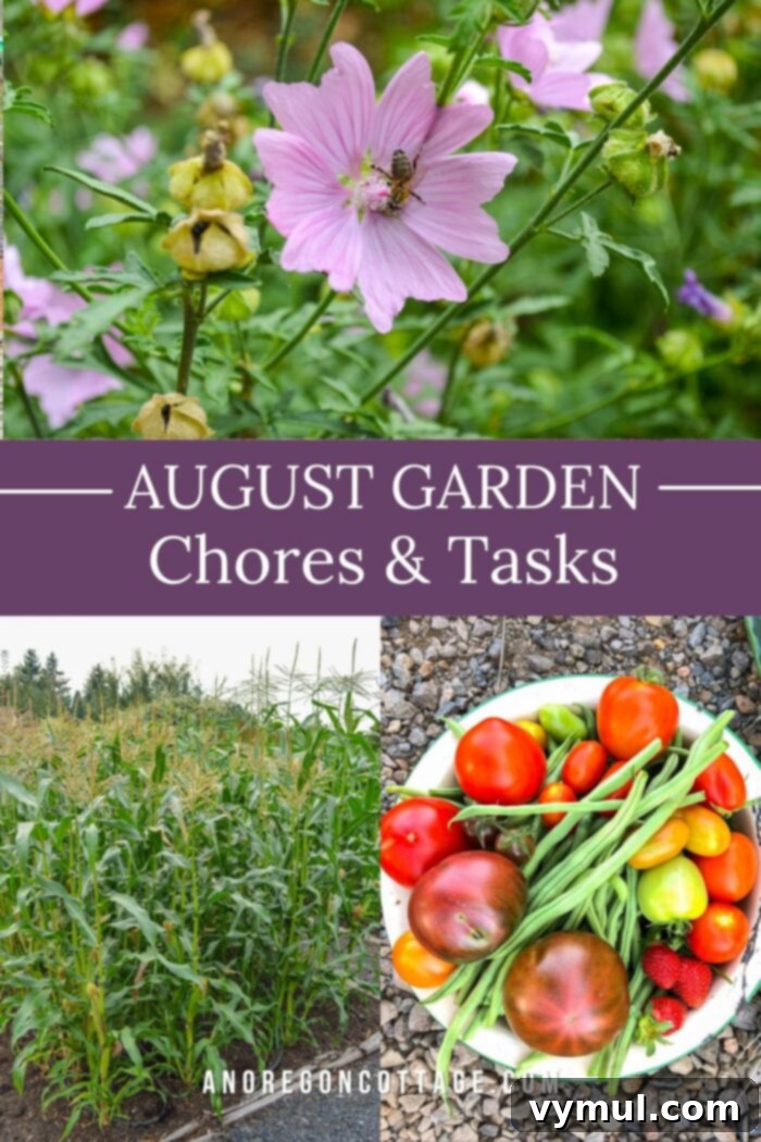 August Garden Checklist for PNW Climates 6 A diverse August garden scene featuring a mix of colorful flowers and edible vegetables, highlighting the beauty and bounty of late summer.