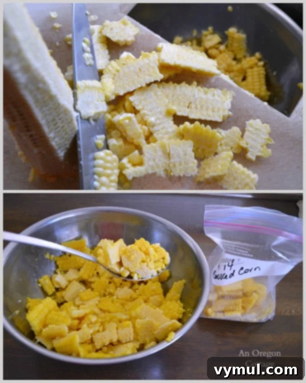 The Ultimate Guide to Freezing Corn: Blanched, Raw, and Whole Cob Methods 4 Kernels being cut from a corn cob into a bowl