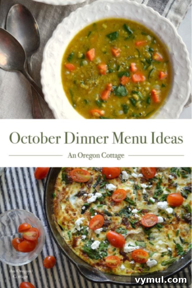 A beautifully arranged graphic titled 'October Dinner Menu Ideas', featuring images of various fall comfort foods and emphasizing easy, seasonal, and from-scratch recipes including side-dishes.