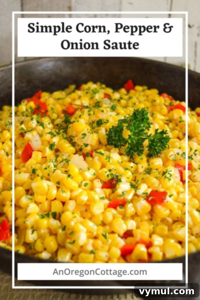 Close-up of the delicious and vibrant Corn, Pepper, and Onion Sauté, perfect as a quick side dish.