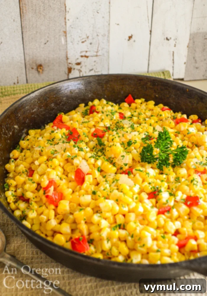 Sautéed Corn, Pepper, and Onion in a skillet, showcasing its vibrant colors and delicious texture.