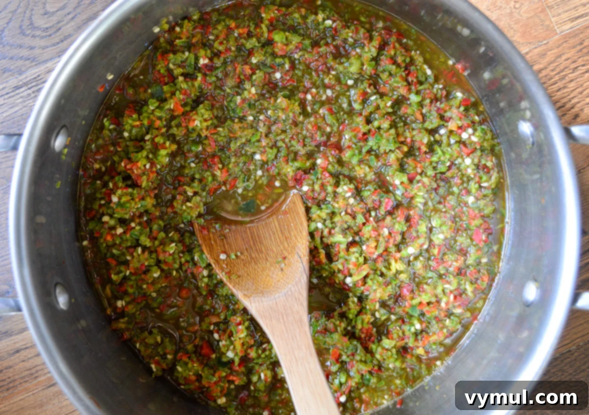 chopped peppers and ingredients in a pot