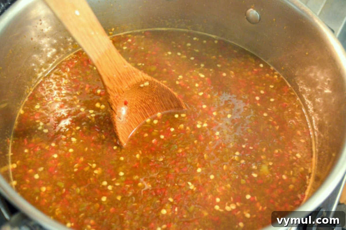 pepper jelly mixture in pot before canning