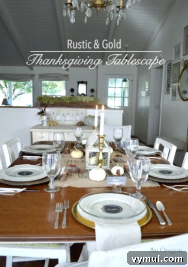 Rustic and Gold Thanksgiving Table Decor with Fall Leaves