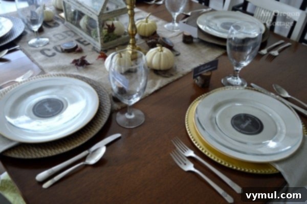 Rustic and Gold Thanksgiving table place settings with mixed chargers