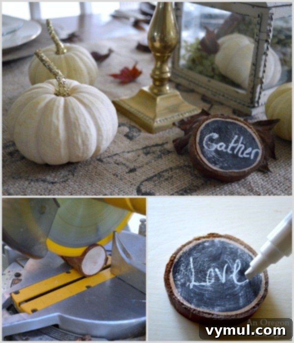 Wood slice word decor for rustic Thanksgiving table