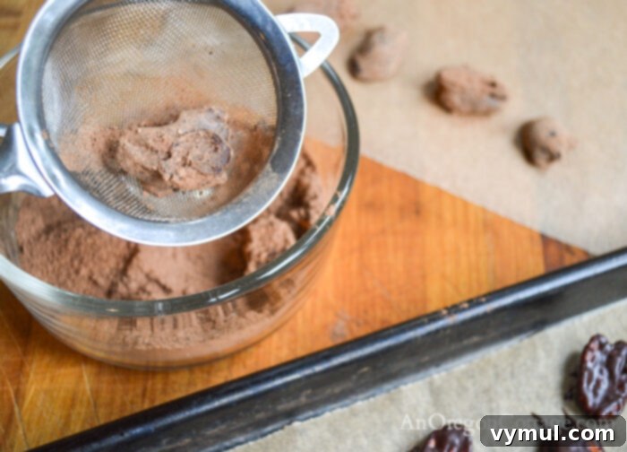 dusting pecans with cocoa powder strainer