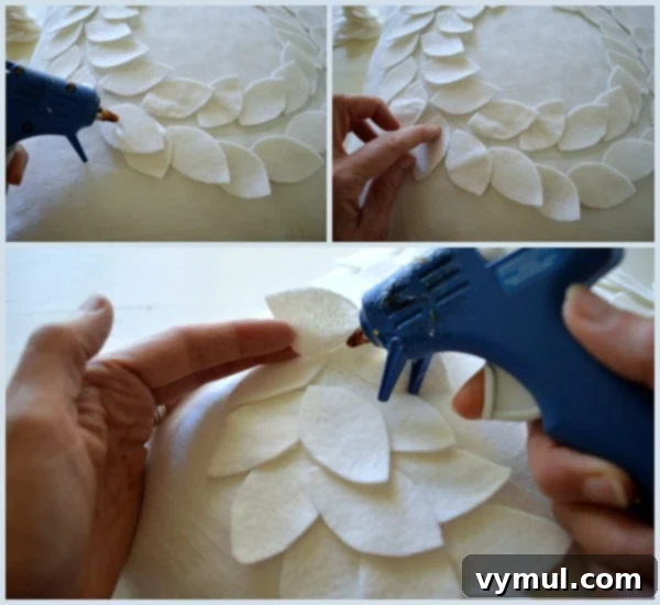 Cozy DIY Felt Wreath Pillow for Winter Decor 7 No-Sew DIY Felt Wreath Pillow-Gluing Leaves