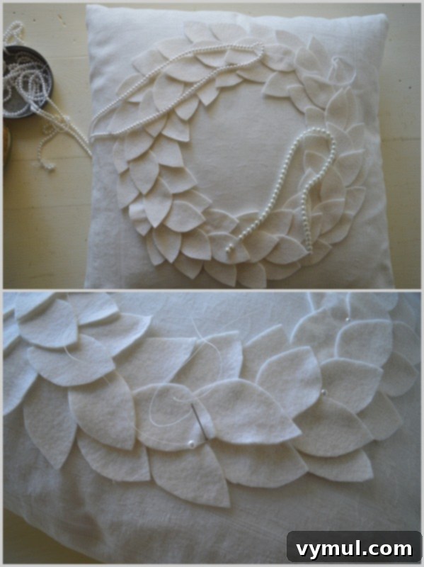 Cozy DIY Felt Wreath Pillow for Winter Decor 8 Felt Leaf Christmas Wreath-Attaching Pearls