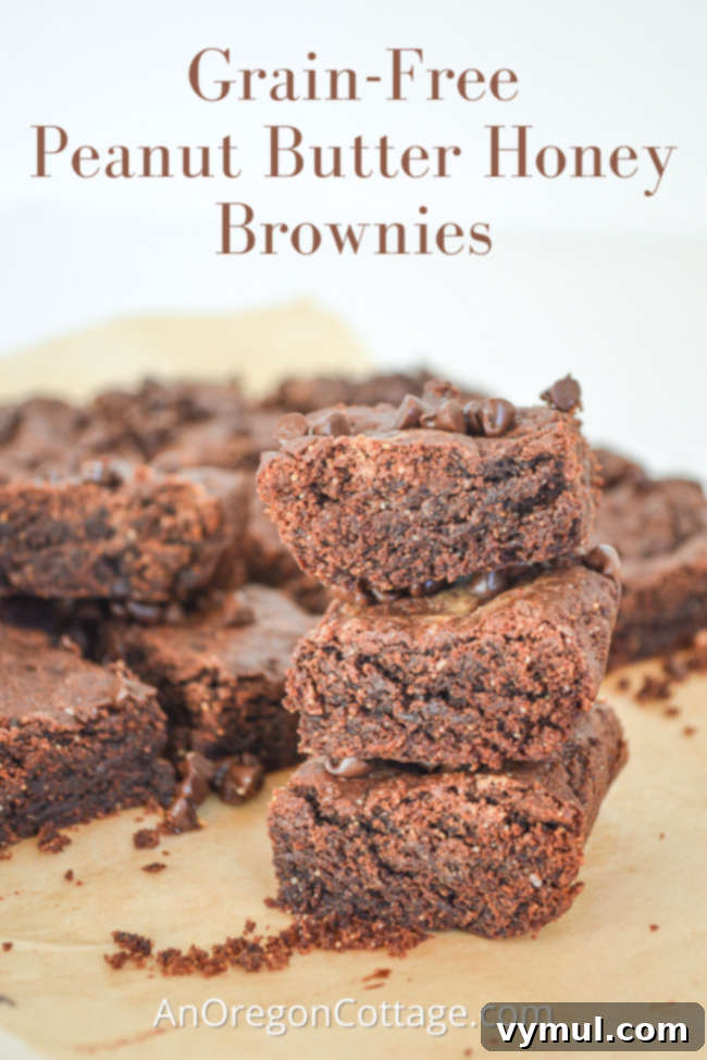 Irresistible Grain-Free Peanut Butter Honey Brownies 2 Stacked grain-free peanut butter honey brownies, moist and tender, showcasing their rich texture without flour.