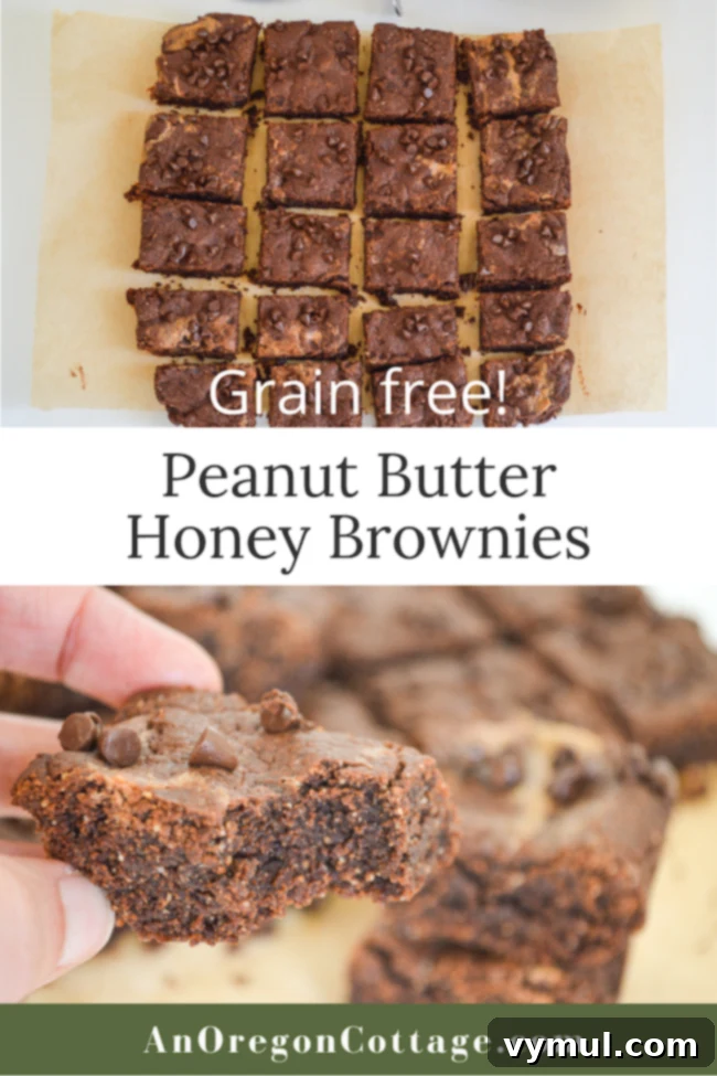 Irresistible Grain-Free Peanut Butter Honey Brownies 8 Pinterest optimized image for Grain-Free Peanut Butter Honey Brownies: fudgy, chewy, and naturally sweetened.