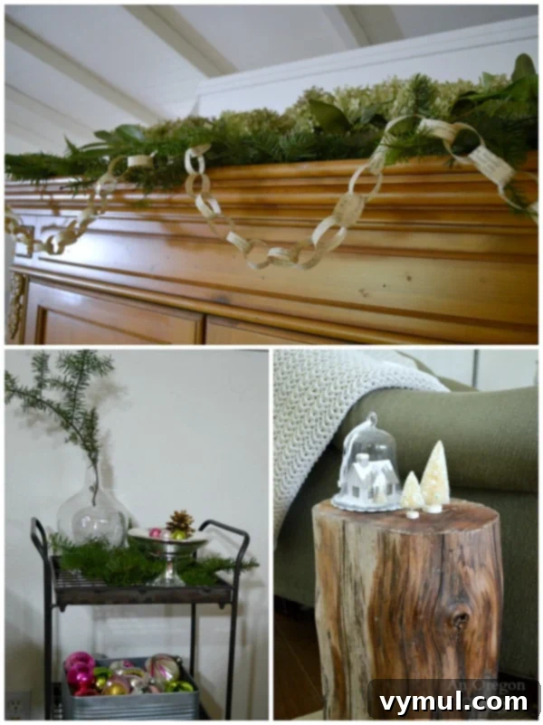 A Cozy Cottage Christmas 2014 13 Assortment of cottage Christmas details including book page garland, bottle brush trees, and vintage ornaments