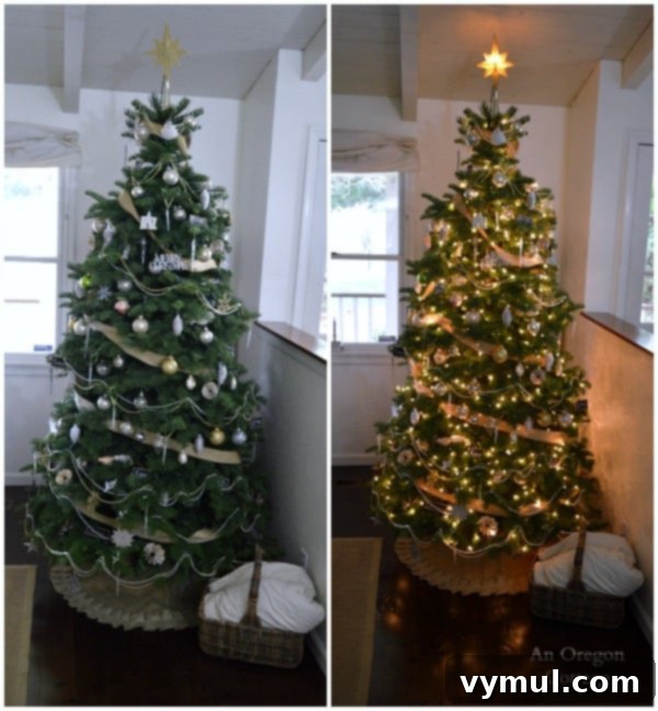 A Cozy Cottage Christmas 2014 16 White, metallic, and burlap Christmas tree, shown both lit and unlit, demonstrating its festive glow