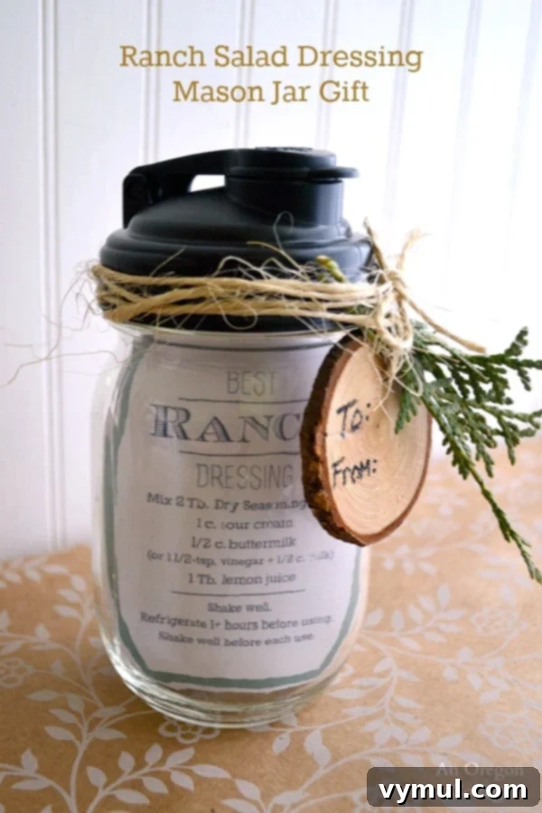 Ranch Dressing Gifts from Your Kitchen 2 Mason Jar Gift - Ranch Salad Dressing with Printable Recipe Tag: A beautifully assembled mason jar gift featuring homemade ranch dressing mix, a pour spout lid, and a custom printable recipe tag, ready for gifting.