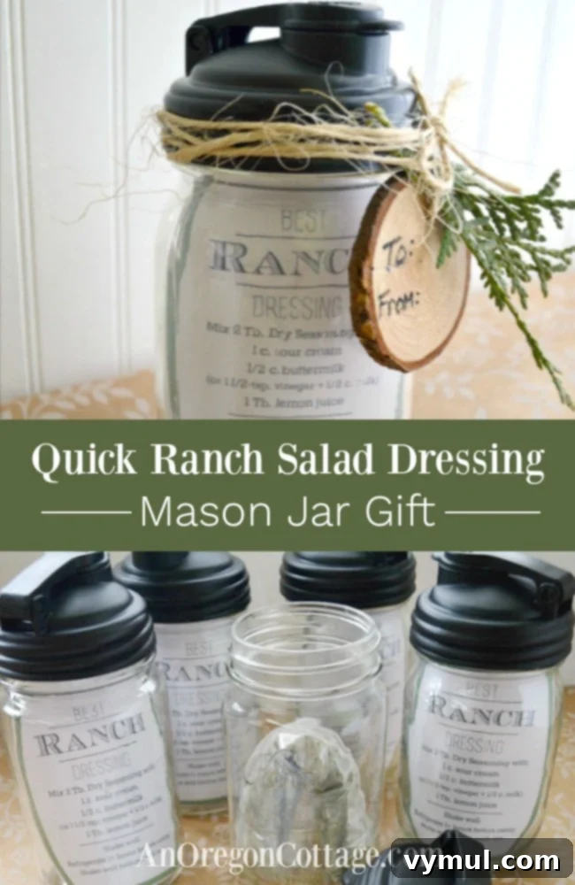 Ranch Dressing Gifts from Your Kitchen 6 Quick ranch salad dressing mason jar gift: a top-down view of a mason jar filled with ranch dressing mix, adorned with a pour lid and a recipe tag, placed on a rustic background.